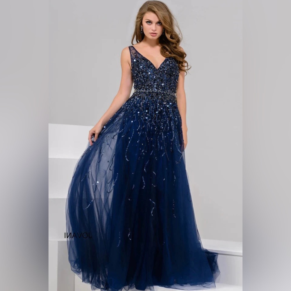 Jovani 29085 Navy V neck Beaded Sequined Sheer Back Tulle Dress in Size 14